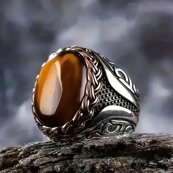NEW Unisex Large Turkish Style Silver 925 Amber Stone Ring chunky style - Picture 1 of 3